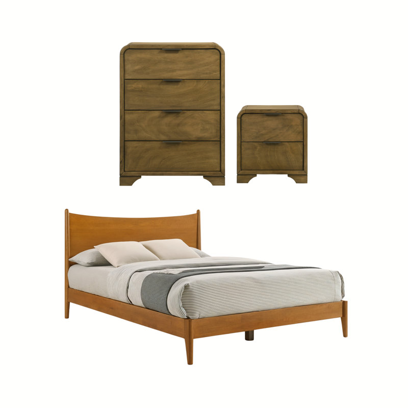Springfield Modern Craft Solid Wood 3 Pieces Bedroom Set, 3 Pcs: Bed, Nightstand, Chest, Orange