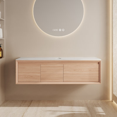 Base de meuble-lavabo flottant 47 po seulement, structure en bois massif multicouche avec 1 tiroir et 1 armoire, plateau en pierre frittée blanche