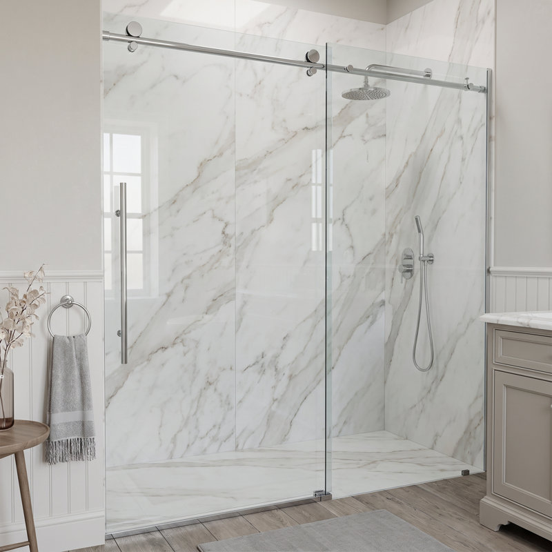 Porte de douche coulissante sans cadre Elan E-Class l 60-64 "x H 76" avec verre transparent 3/8 ", Chrome