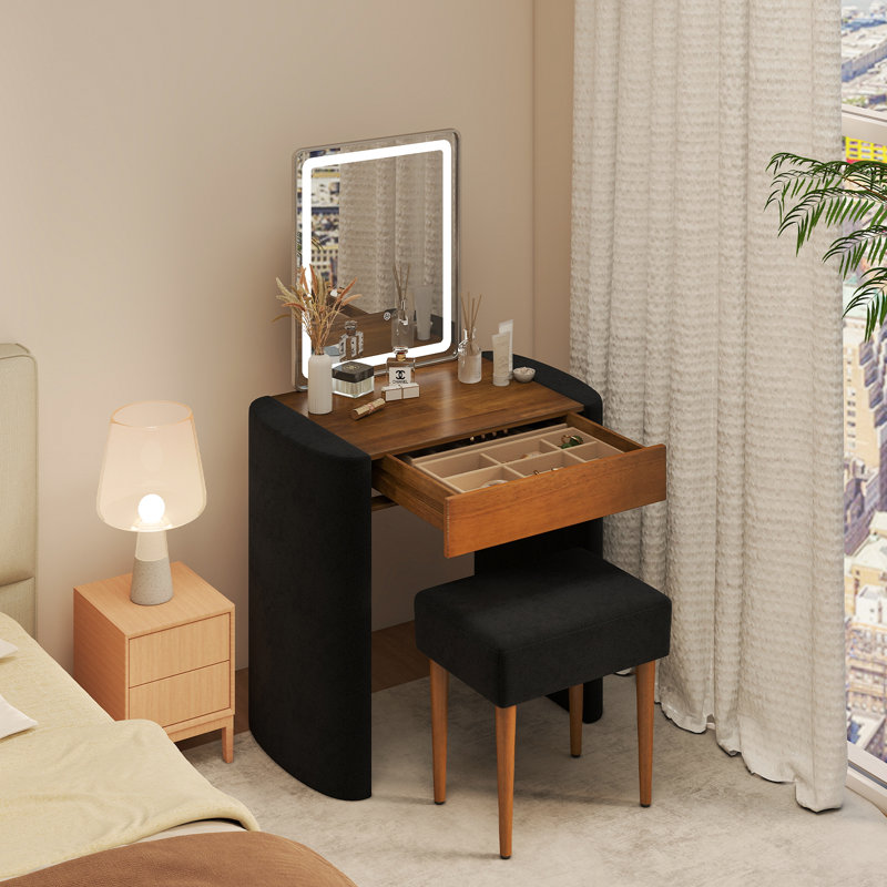 Vanity Table Set 3 Modes Adjustable Brightness Mirror Makeup Vanity with Drawer for Living Room, Brown/Black