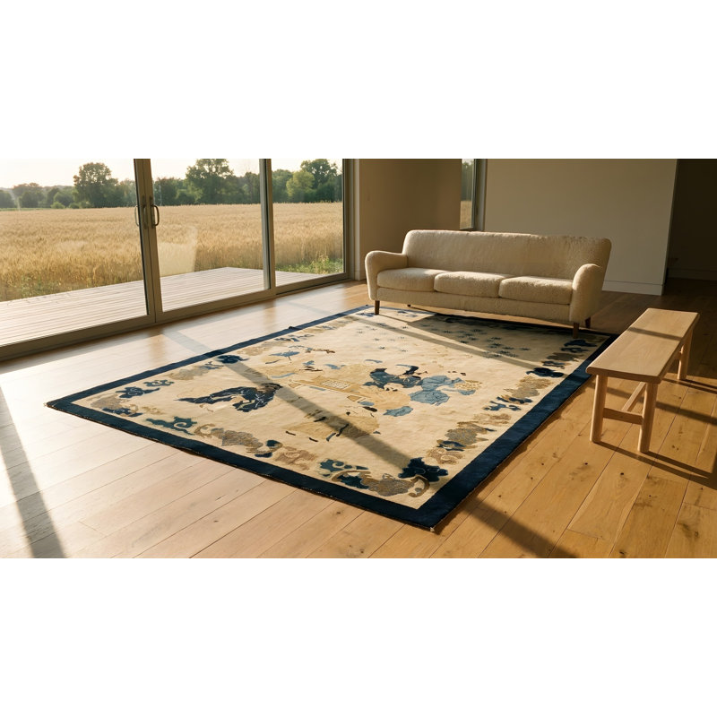 Petit tapis rectangulaire en laine noué à la main de couleur ivoire antique