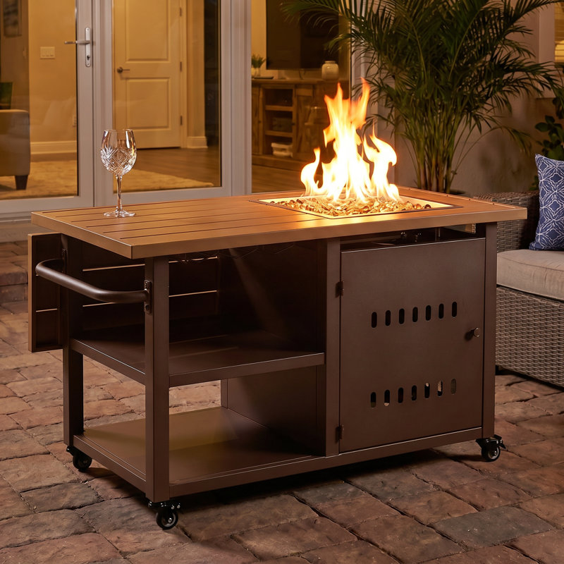 44" Rectangular Propane Fire Pit Table, 50,000 BTU Outdoor Firepit with Cover and Wind Guard, Red