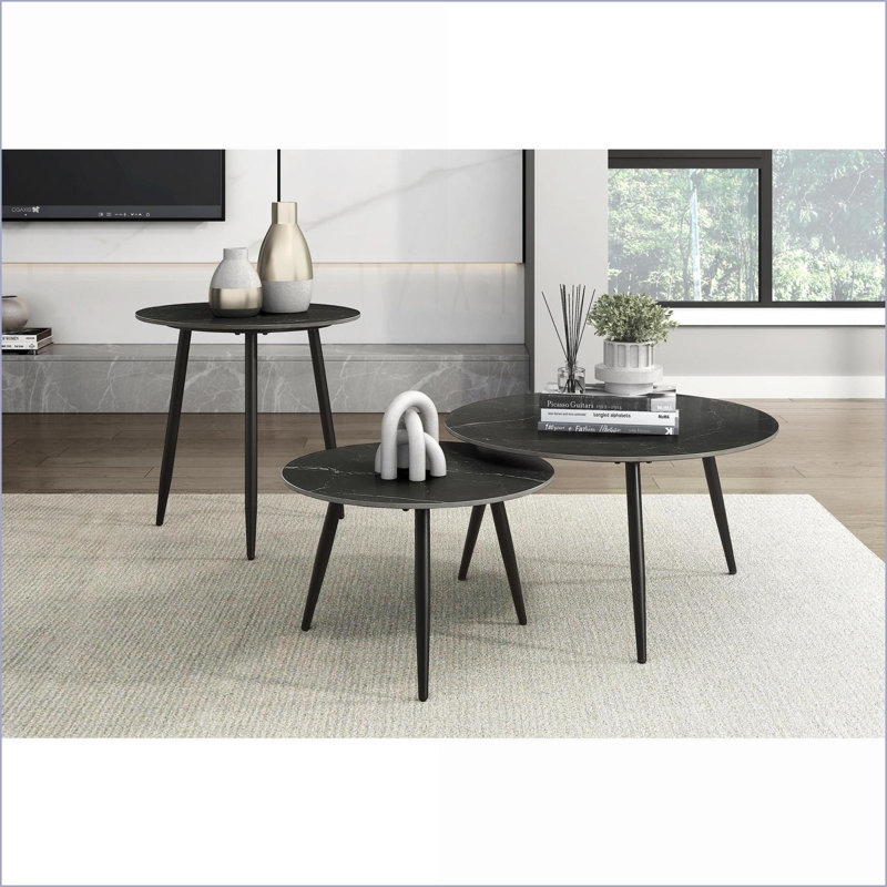 Ensemble de tables basses 3 pièces Modern - pieds en métal noir, plateau en pierre frittée, peu encombrant