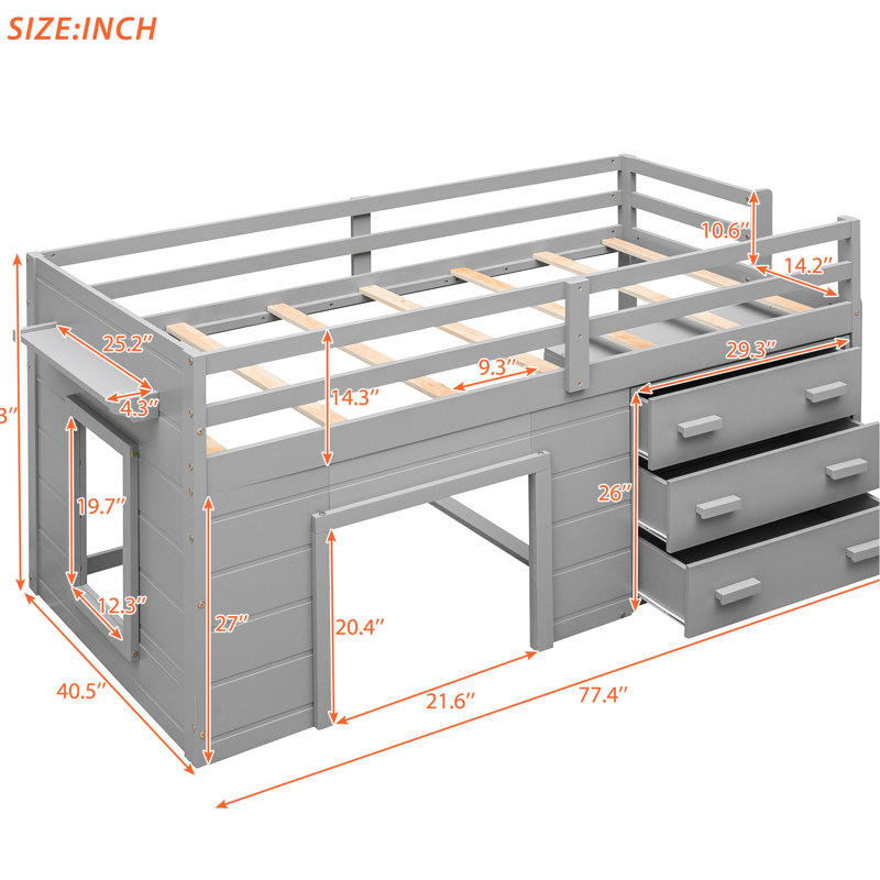 Gray Twin Loft Bed With Safe Shelf And Cabinet - Made From Solid Wood Useful For Bedroom, Gray