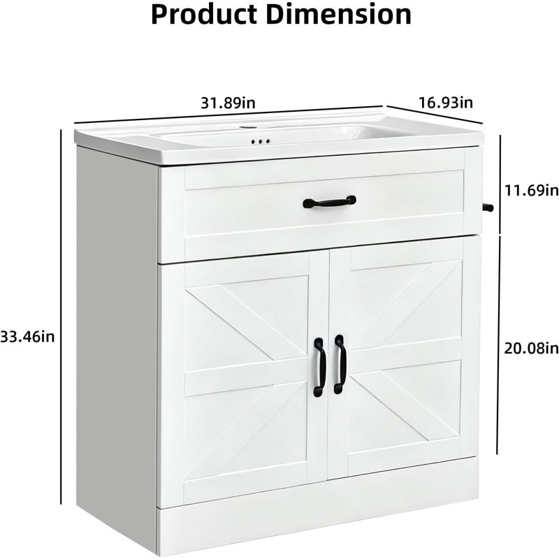 31 Inch Farmhouse Freestanding Bathroom Vanity, White