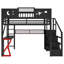 Lit mezzanine double avec escalier, garde-corps hauts, tablette de rangement et garde-robe