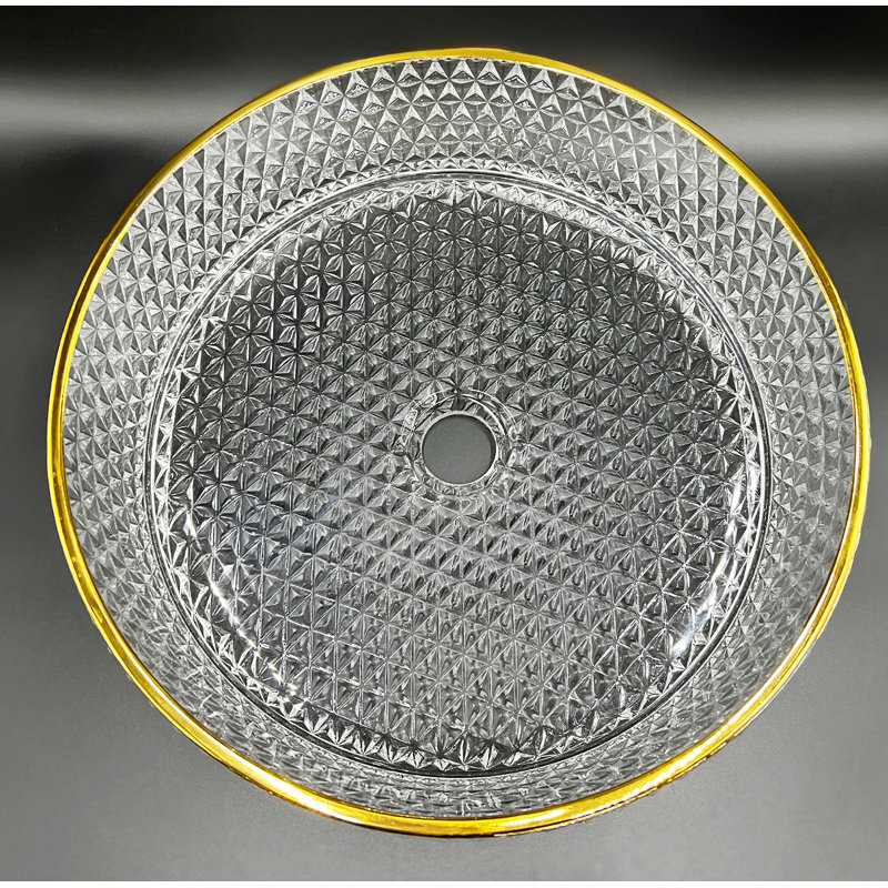 Scotch 16" Tempered Glass Circular Vessel Bathroom Sink - Timeless Collection, Clear/Gold, 16"