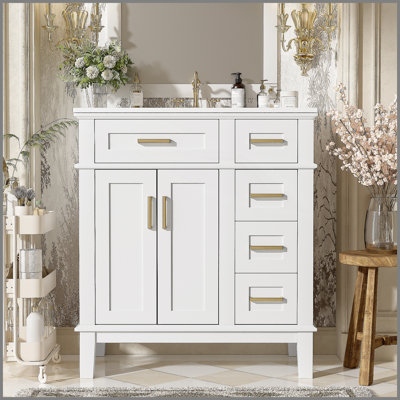 30" Bathroom Vanity with Ceramic Sink, Modern Storage Cabinet with Soft-Close Doors, Deep Drawer & Standard Drawer, Stylish Bath Vanity for Small Bathrooms