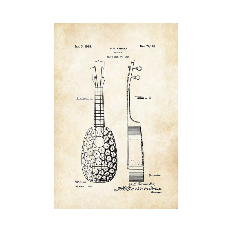 Pinapple UKulele (S.K. Kamaka) par Verni77 - reproduction de dessin sur toile tendue, H 18 po x l 12 po x 1,5 po