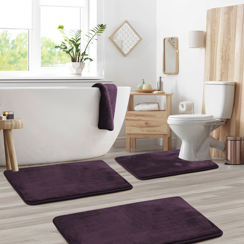 Aighan 3 Piece Ultra Soft and Absorbent Memory Foam Bath Rug Set with Non-Slip Backing, Purple
