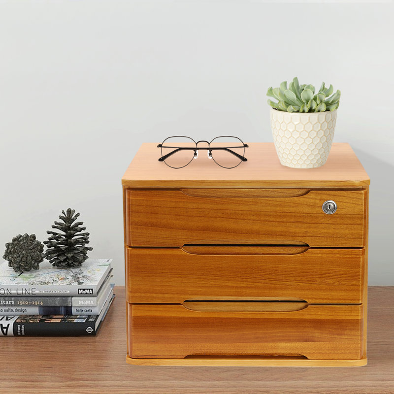 Boîte de rangement de bureau en bois à 3 niveaux avec tiroirs, Brun foncé