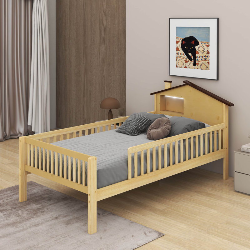 Lit plateforme en bois avec tête de lit en forme de maison et DEL, Naturel, Lit simple