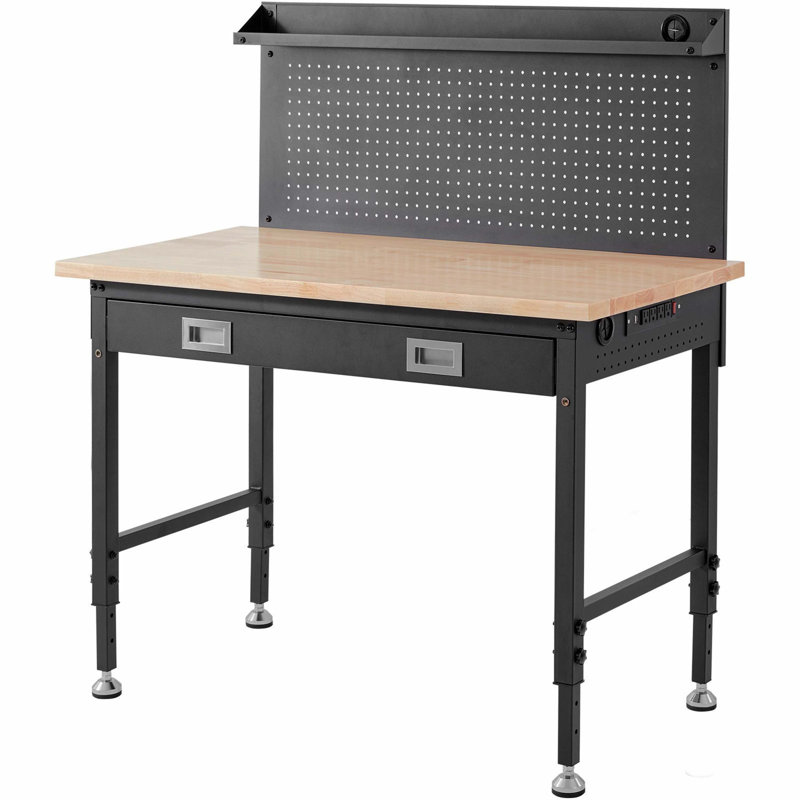 Établi pour garage 48 po x 24 po, hauteur réglable 28-39,5 po, plateau de table en bois de chêne et structure en acier au carbone, capacité de 2000 lb avec câble 3M et 30 crochets