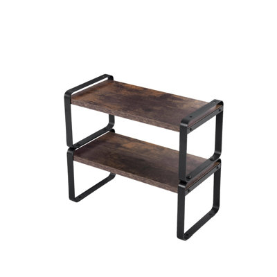 2-Tier Stackable Storage Shelf, Black Metal & Rustic Wood MDF Organizer, Industrial Style, Back to School Dorm Desk Kitchen Counter Storage Rack