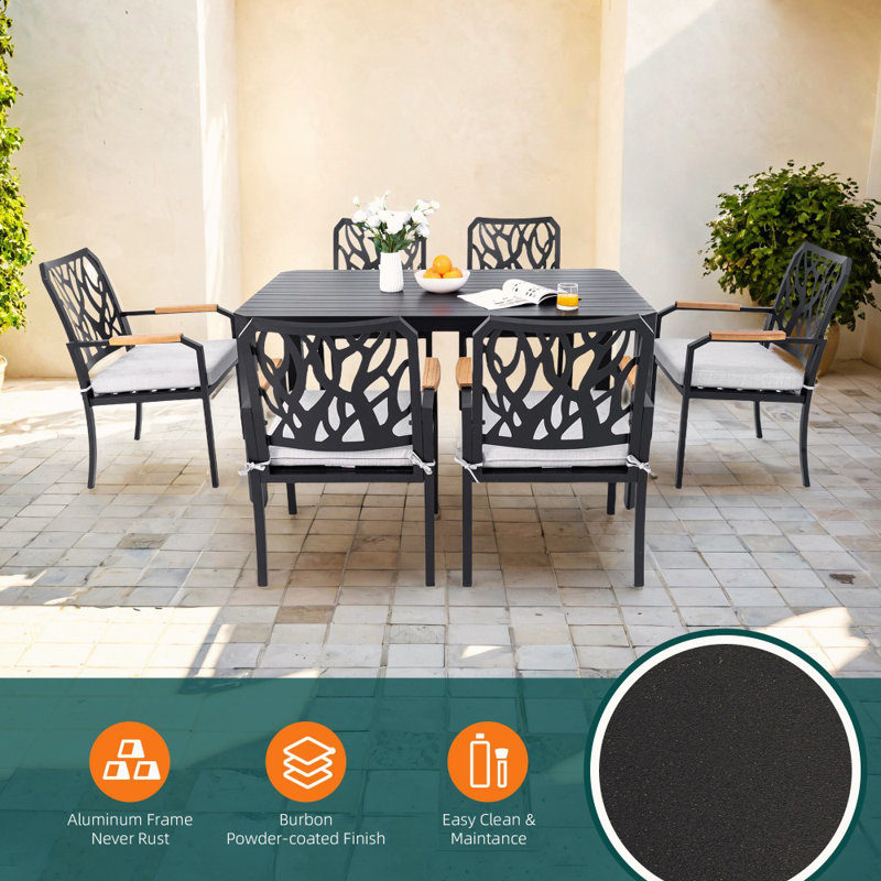 Modern Outdoor Aluminum Table With Alternating Wide And Narrow Slats, Angled Corners, Umbrella Hole, And Adjustable Non-slip Pads 