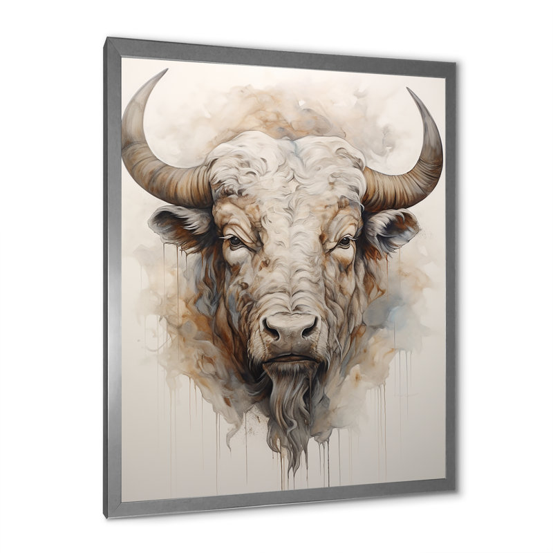 Tête de bison Buffalo III sur toile, H 40 po x l 30 po x P 1,5 po, Cadre simple argenté