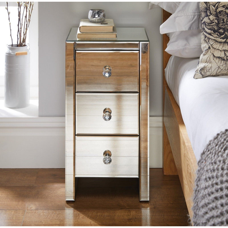 Bosco Mirrored Bedside Table 3 Drawers Modern Design
