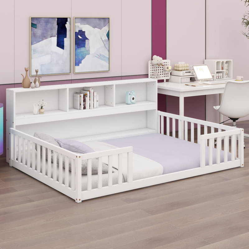 Floor Bed With Side Bookcase,Shelves,Guardrails