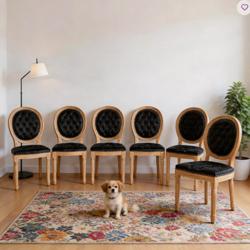 French Style Vintage Solid Wood Upholstered Dining Chairs (Set of 6), Black