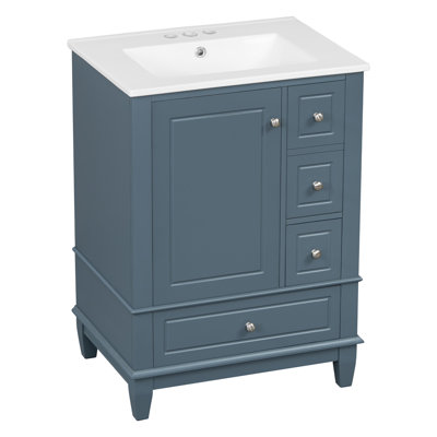 24" Bathroom Vanity With Sink And Drawers, Gray Blue Freestanding Vanity Cabinet With Ceramic Top And Storage Shelves, MDF And Solid Wood Base, Modern Sink Cabinet For Small Bathrooms