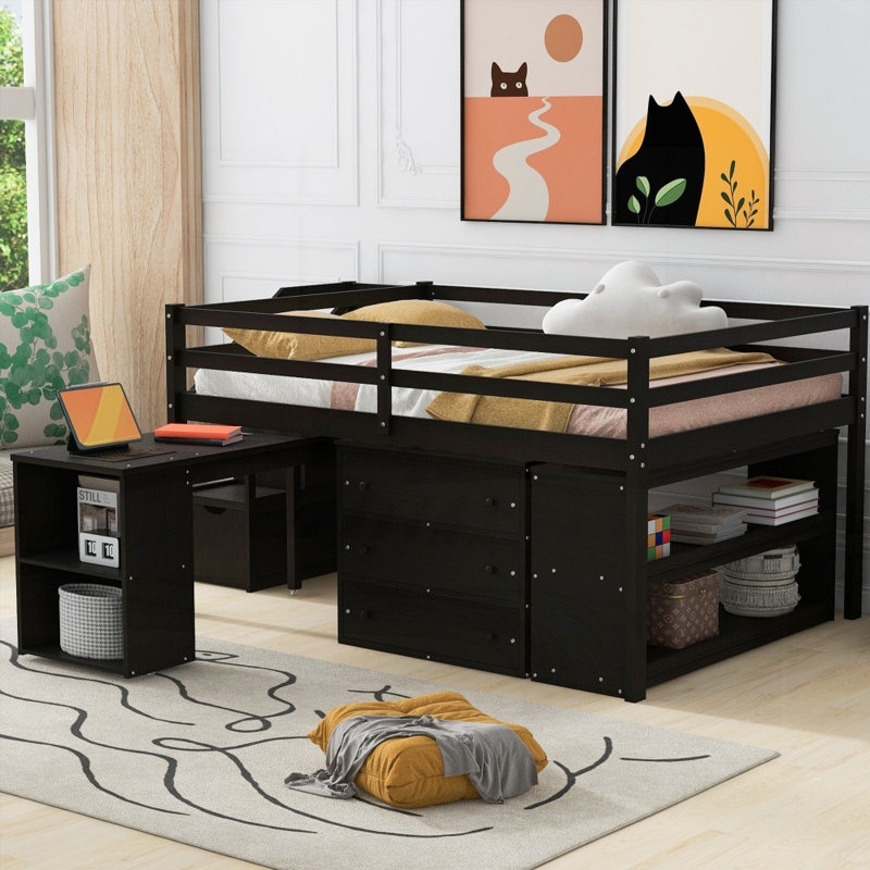 Lit mezzanine double avec 3 tiroirs Bureau d'écriture rétractable, fabrication en bois, L 93,8 po x l 57,5 po x H 43,8 po