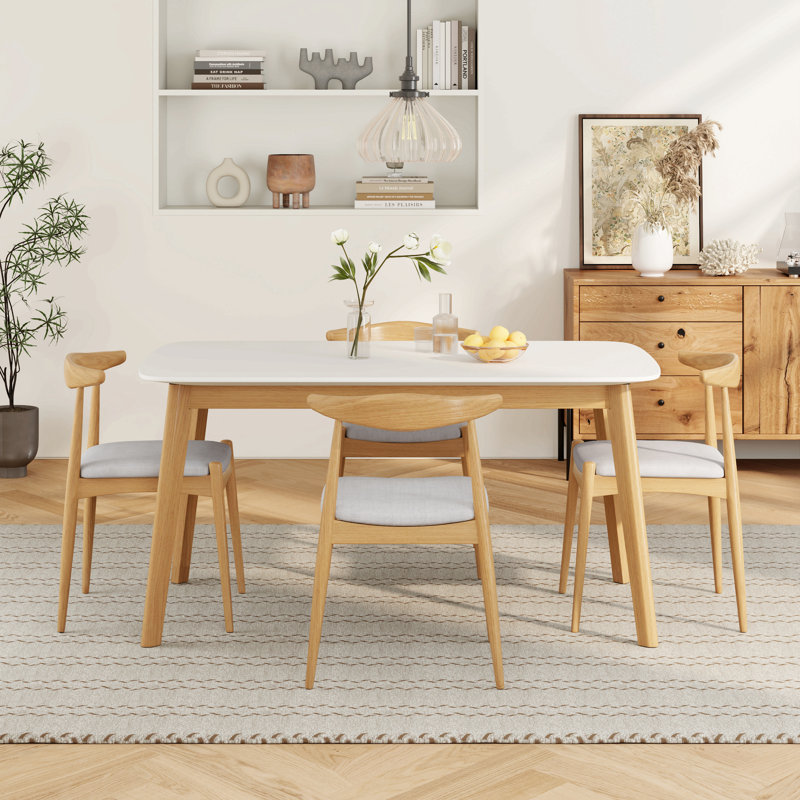 Ensemble de salle à manger 5 pièces de style Mid-Century moderne - table avec cadre en bois massif et 4 chaises rembourrées beiges