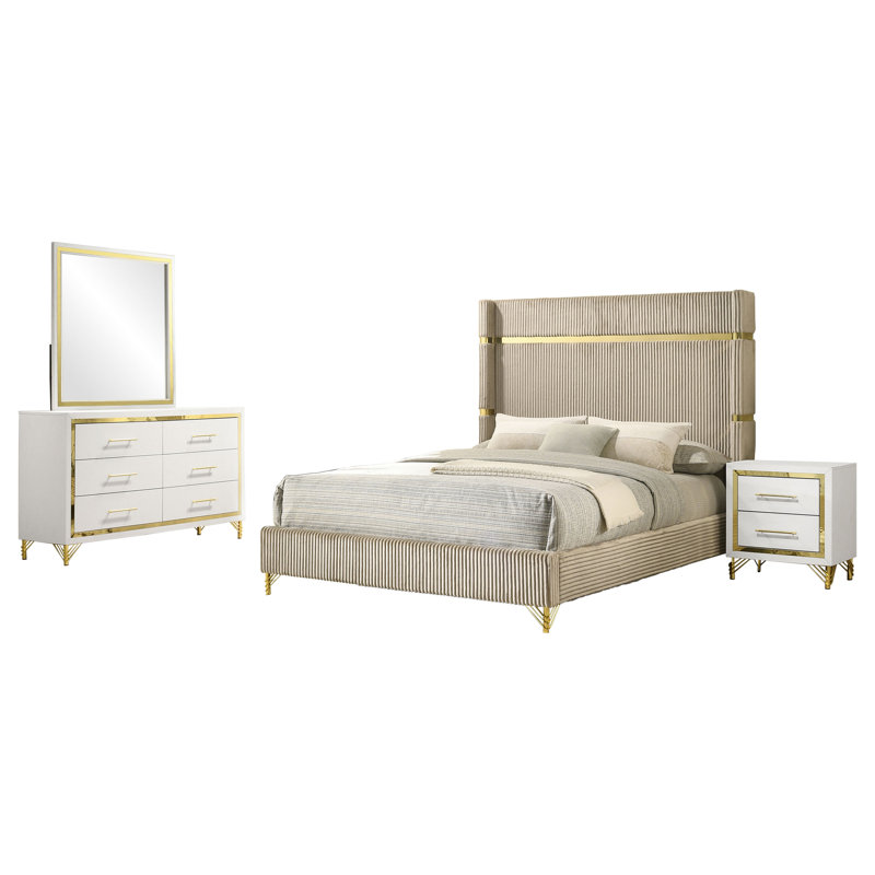 Ensemble de chambre avec grand lit 4 pièces Rohnan, Grand, 4 Pcs: Bed, Nightstand, Dresser, Mirror