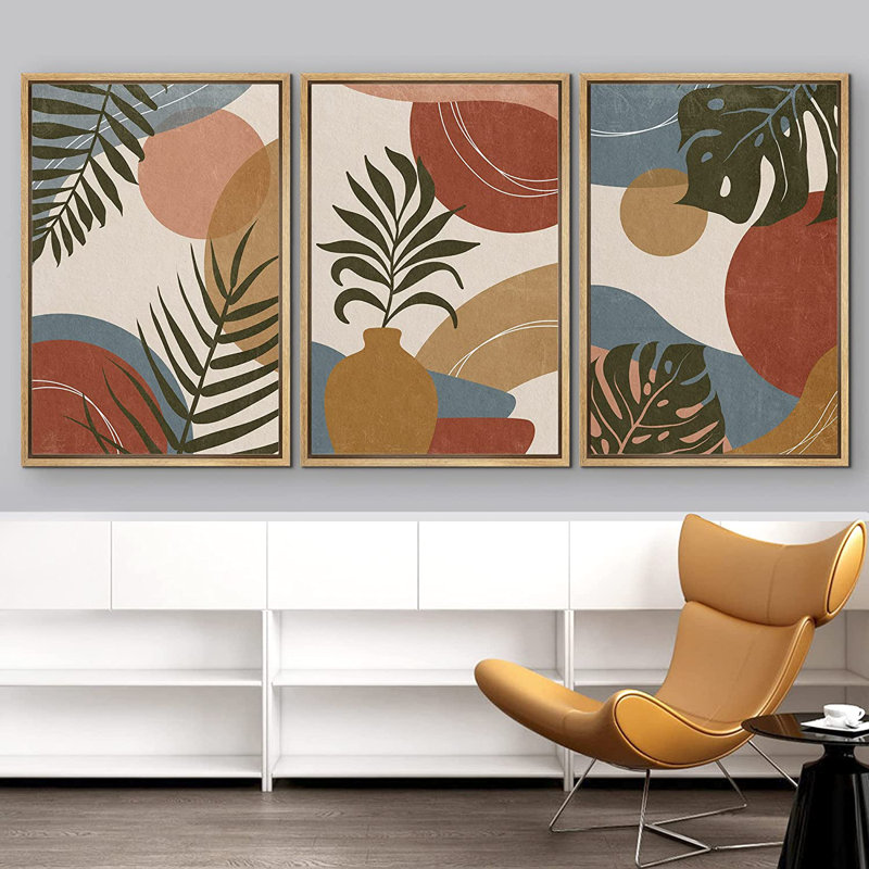 Cadre Mid-Century géométrique, jungle tropicale, variété, nature, désert, H 36 po x l 72 po x P 1,5 po, Naturel