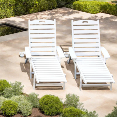 Adjustable Patio Chaise Lounges, White HDPE Modern Poolside Set of 2