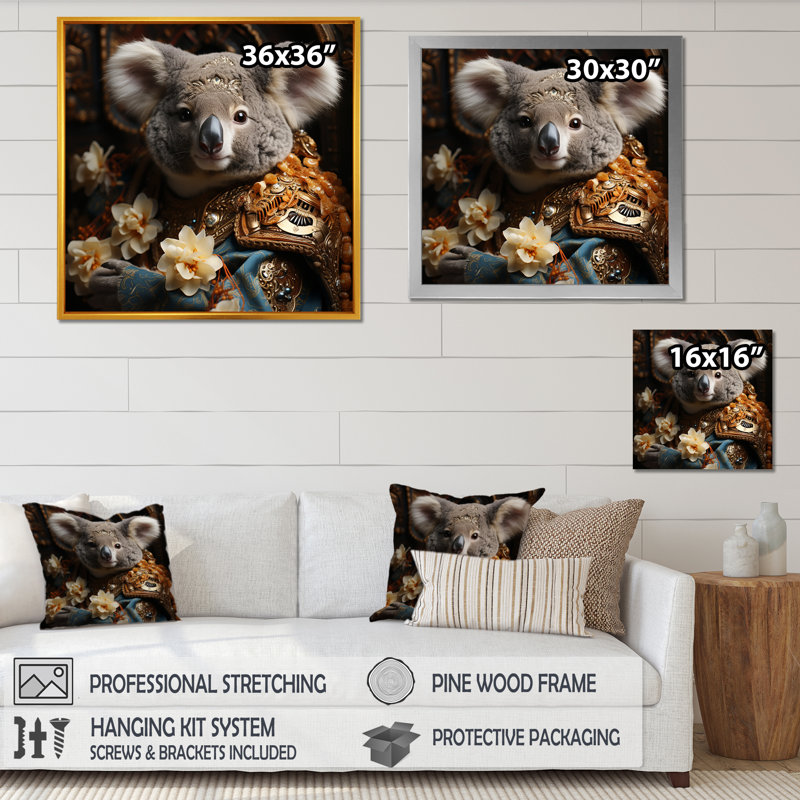 King Koala Blooms 2 - Koala, art mural animal, H 30 po x l 30 po x P 1,5 po, Cadre flottant noir