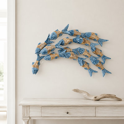 School of Fish Wall Decor Sculpture - XL Handcrafted Wood Coastal Fish for Beach House Living Room or Entryway