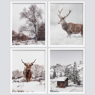 «Deer Winter Snow Frost Tree Cabin Nature», impression sur papier 4 pièces