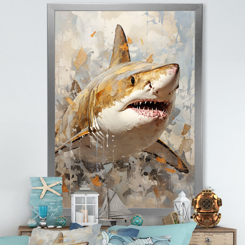 " Minimalism Shark Painting In Golden Beige I ", Silver Single Picture Framed, 32" H x 16" W x 1" D