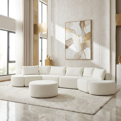 Compression Modular Sofa Set In Chenille Fabric, Featuring Six Decorative Pillows And Four Curved Footstools,Beige