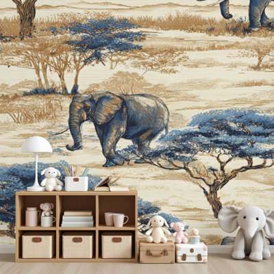 Papier peint adhésif à peler et coller Éléphants, paysage de savane africaine, bleu, brun clair, arbres muraux, H 69 po x l 96 po, papier peint amovible en PVC, adhésif mural pour chambre à coucher, bureau à domicile