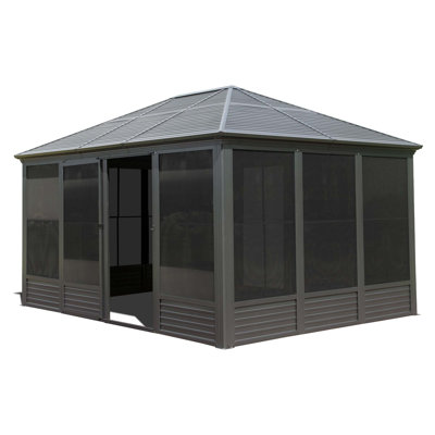 11.2X14.6FT Sunroom, Four Season Solarium Aluminum Hardtop Gazebo With Galvanized Steel Roof, Movable PVC Screen Walls, Sliding Doors, Sun Room Pavilion Gazebo For Patio Deck Backyard