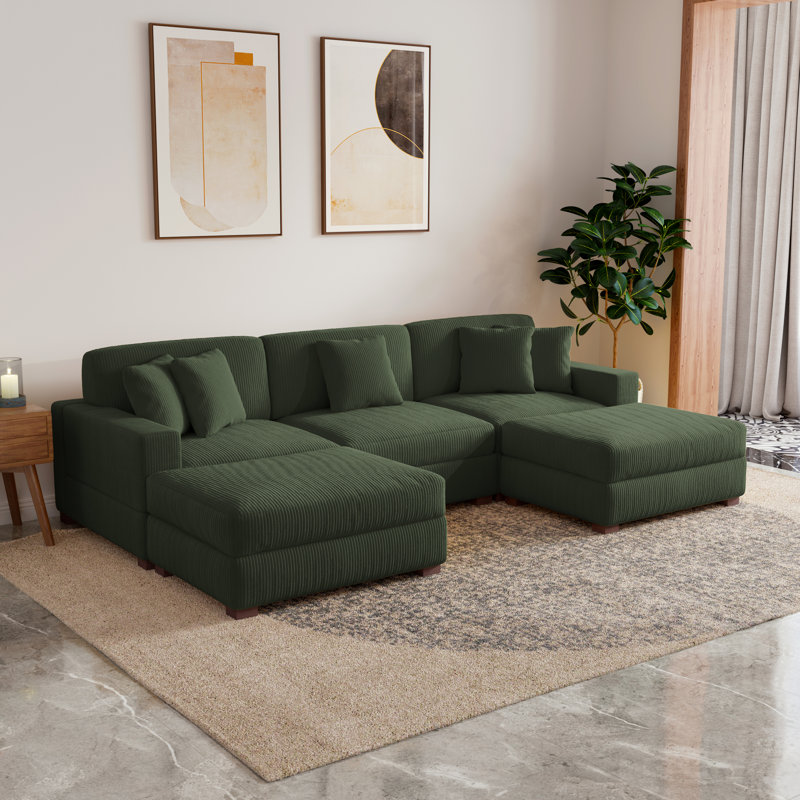 Milbrey 5-Piece Upholstered Green Corduroy Modular Sectional Sofa With Removable Ottomans & Throw Pillows, Green Corduroy