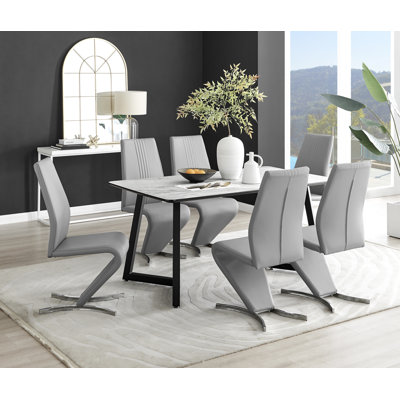 White Marble Effect Melamine Dining Table Black Legs & 6 Luxury Velvet Chairs Industrial Design