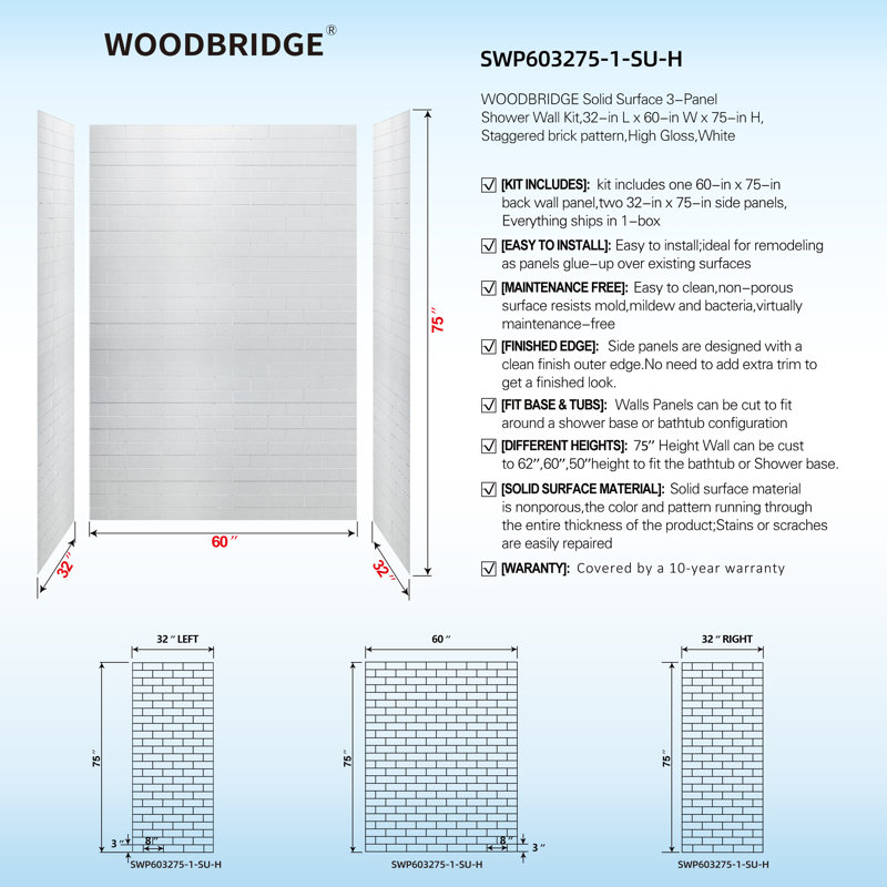 60'' W 32'' D 75/96'' H Glue Up Solid Surface Shower Wall Panel Surround, Cuttable, 0.137-in thick, 75" H x 60" W x 32" D