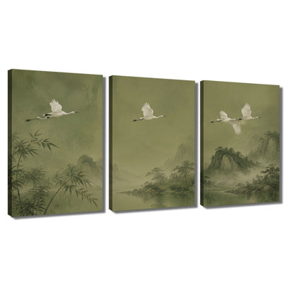 3‑panel wall art oriental crane bamboo mountain landscape wrapped canvas print