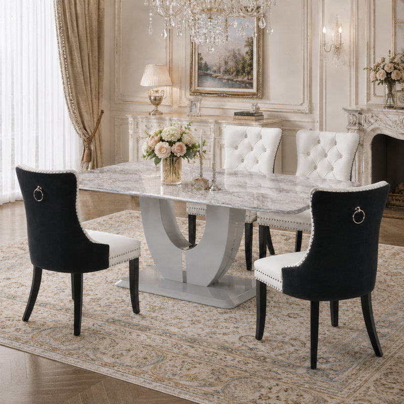 Ensemble de salle à manger 5 pièces rectangulaire en faux marbre 63 po avec chaises capitonnées, Noir / blanc, Gris