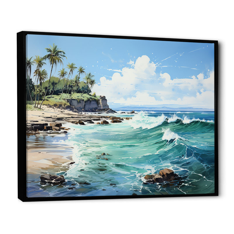 Reproduction sur toile d'un palmier turquoise sur fond tropical, H 34 po x l 44 po x P 1,5 po, Cadre flottant noir