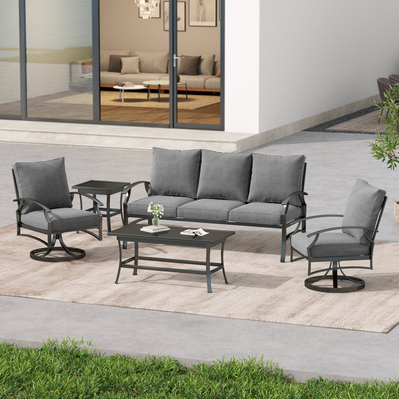 Nickita Outdoor Metal 5-Person Patio Set With Two Tables And Cushions, Gray