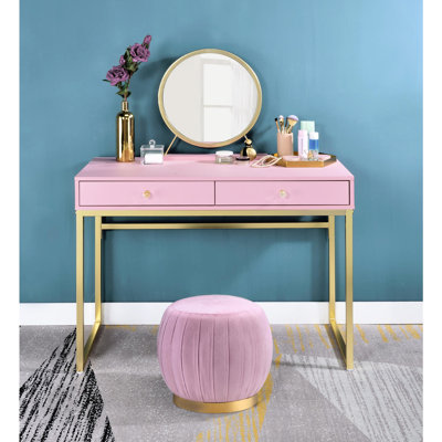 Meuble-lavabo 2 tiroirs en rose et or, miroir inclus, plateau à bijoux, meuble-lavabo en cristal avec poignées en cristal et cadre en métal robuste