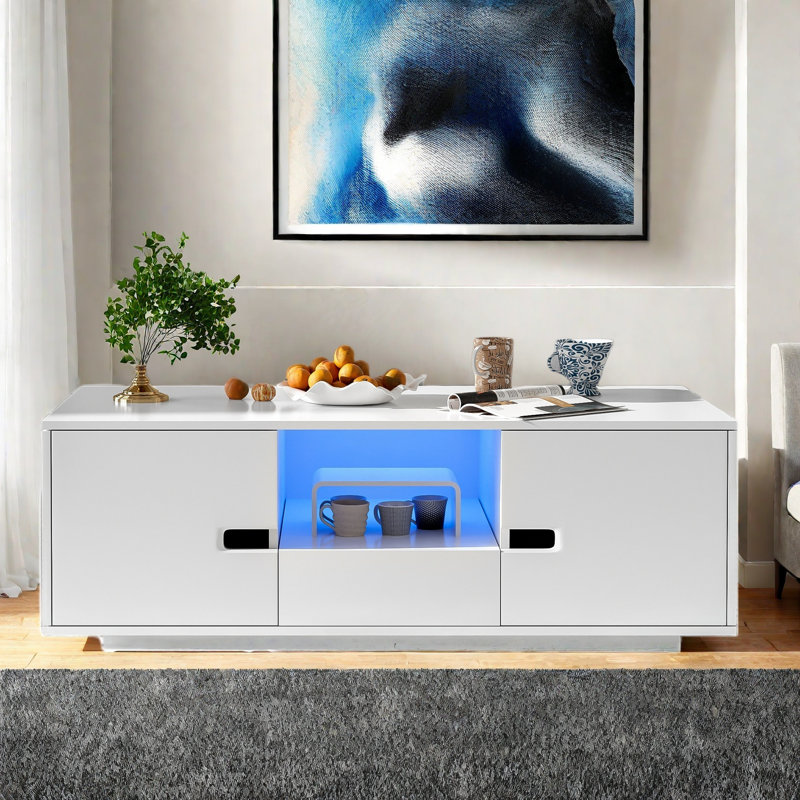 Modern High Glossy Rectangle Coffee Table With 2 Cabinets, One Drawer, 16 Colour Led Lights And An Open Shelf, White