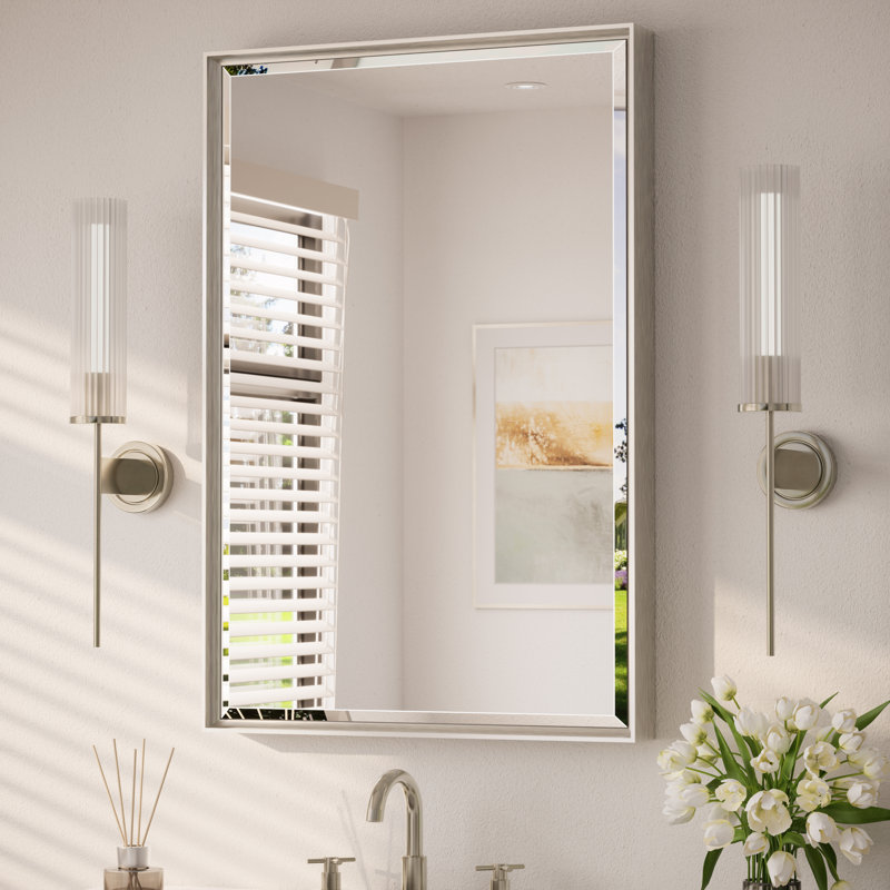 Areiona Beveled Bathroom Accent Vanity Mirror, 24" x 36", Brushed Nickel