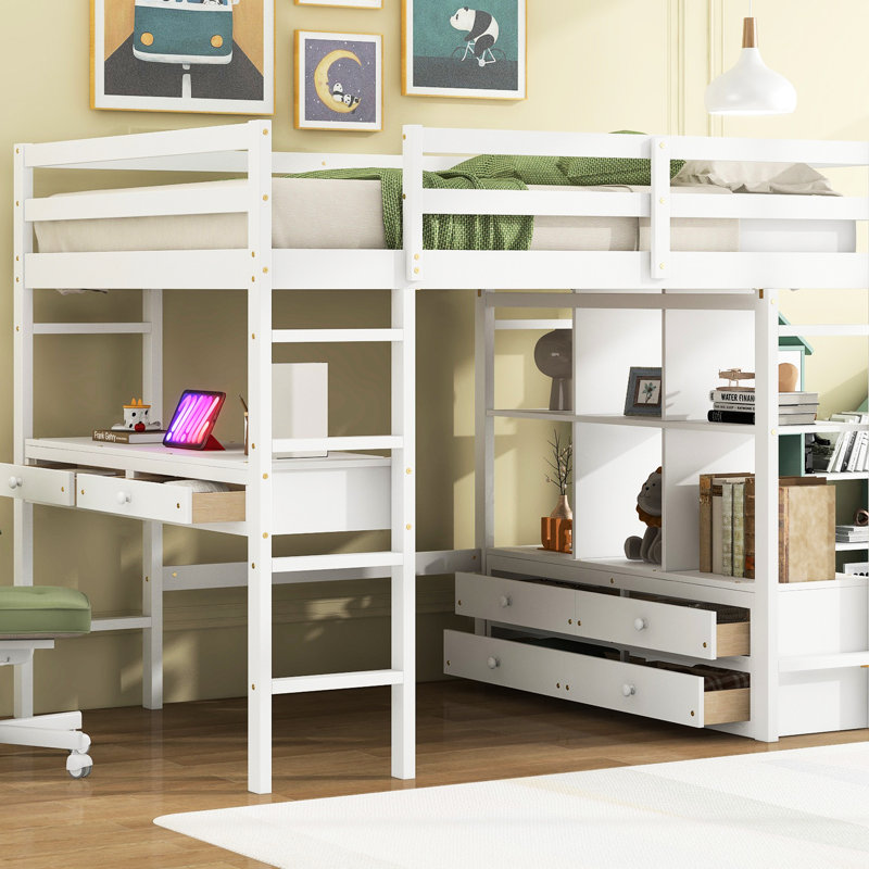 Lit mezzanine avec bureau intégré et rangement, blanc