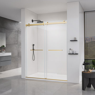 56-60*76 INCH Double Sliding Frameless Soft-Close Shower Door With Premium (8Mm)Thick Tampered Glass And Easy-Cleaning Coating In Brushed Gold