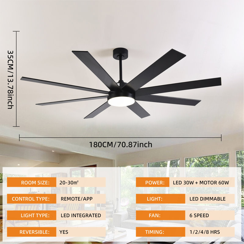 Ventilateur de plafond 72 po avec lumière, télécommande à 6 vitesses, moteur à courant continu réversible, 8 pales modernes avec tiges verticales de 6 po / 12 po / 19,5 po pour la maison ou le commerce