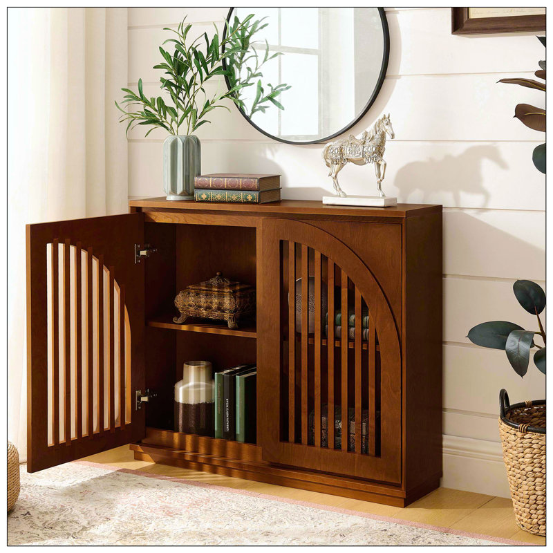 Mid Century Modern Fluted Sideboard Cabinet With 2 Outlet Holes, Buffet Cabinet With Storage, Narrow Side Cabinet For Living Room Entryway Hallway Kitchen Coffee Bar